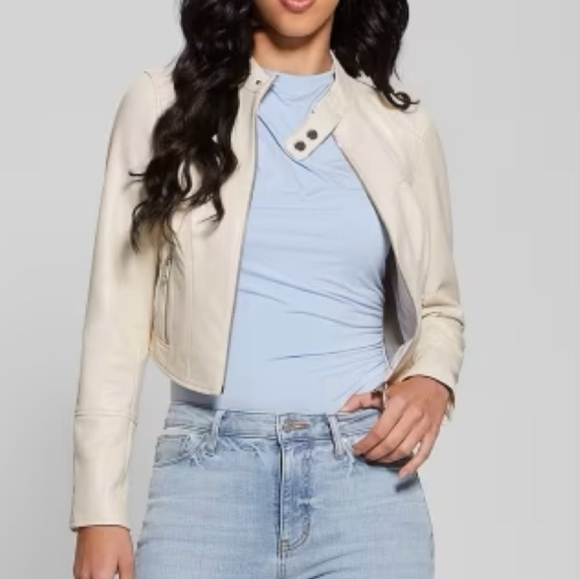 Costa Blanca Jackets & Blazers - Costa Blanca Cream Faux Leather Motorcycle Jacket - Size 2 XS Great Condition